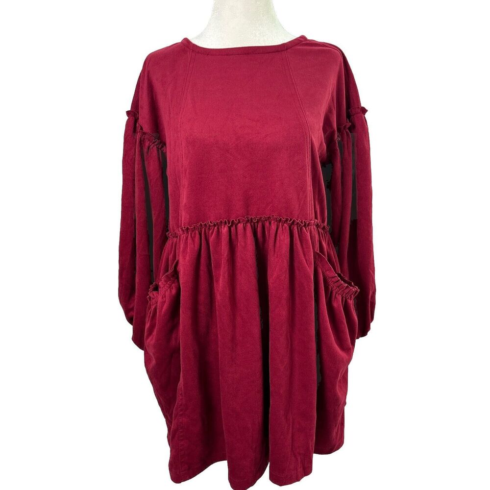 Womens XS Baby Doll Dress Pockets Velvety Ruffle Trim Bishop Sleeves 90’s Y2K